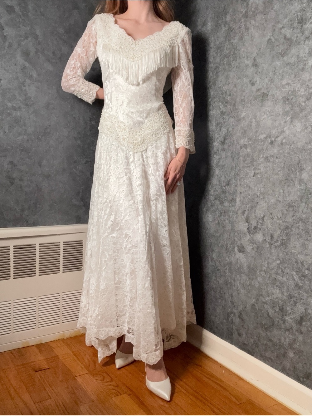 Vintage 1980s Western Wedding Dress Fringe Lace Cowgirl Bridal Gown Size 8